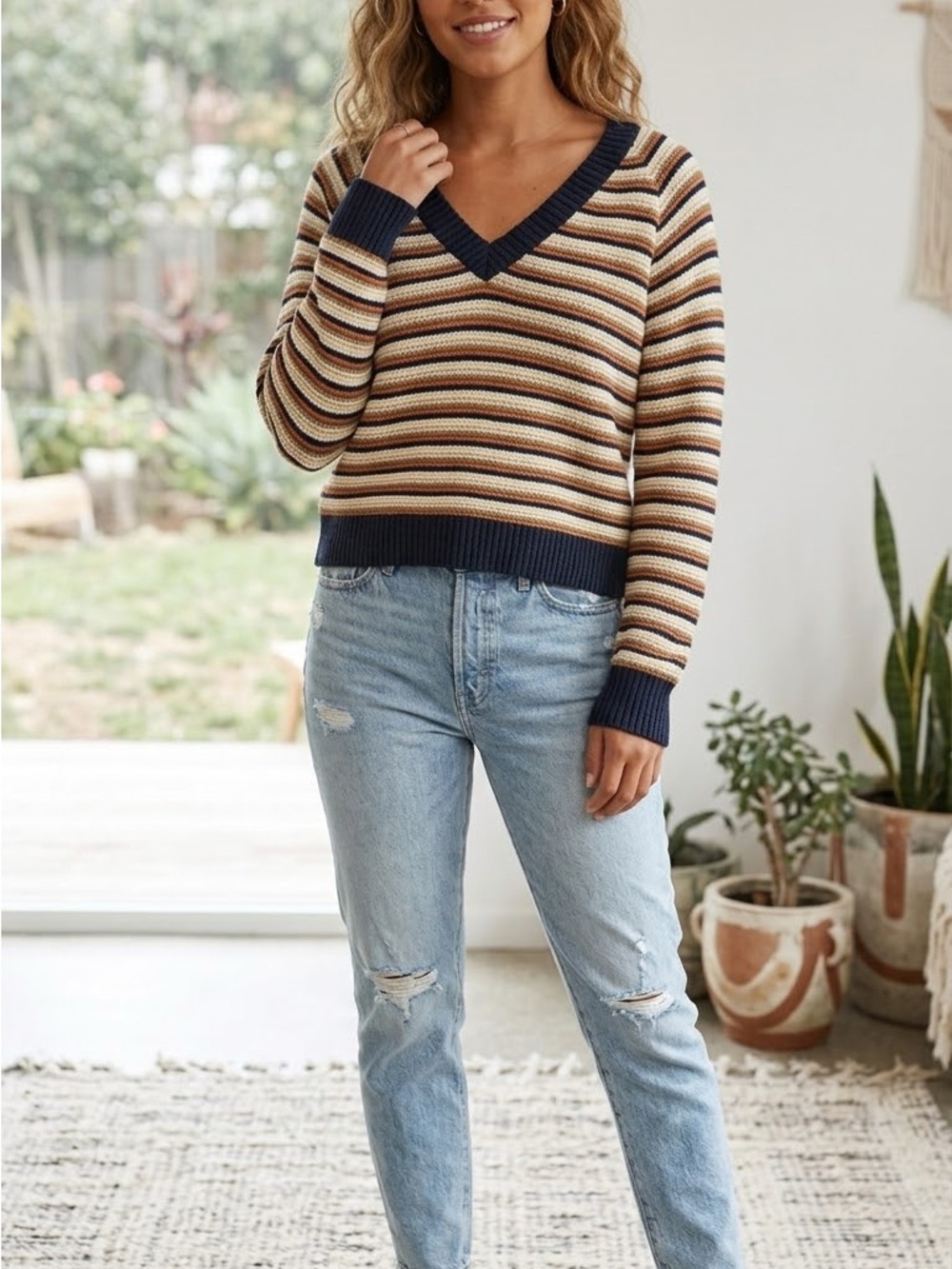 Madewell Striped V-Neck Sweater in Navy, Cream, Tan and Brown